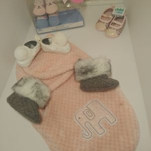 0-3 month Baby Girl Shoes and Swaddle lot